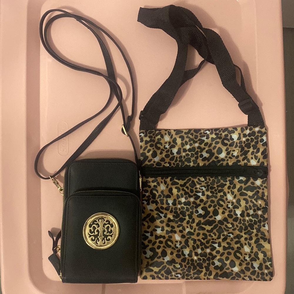 Bundle Leopard Print & Black Crossbody Bags- Black Strap